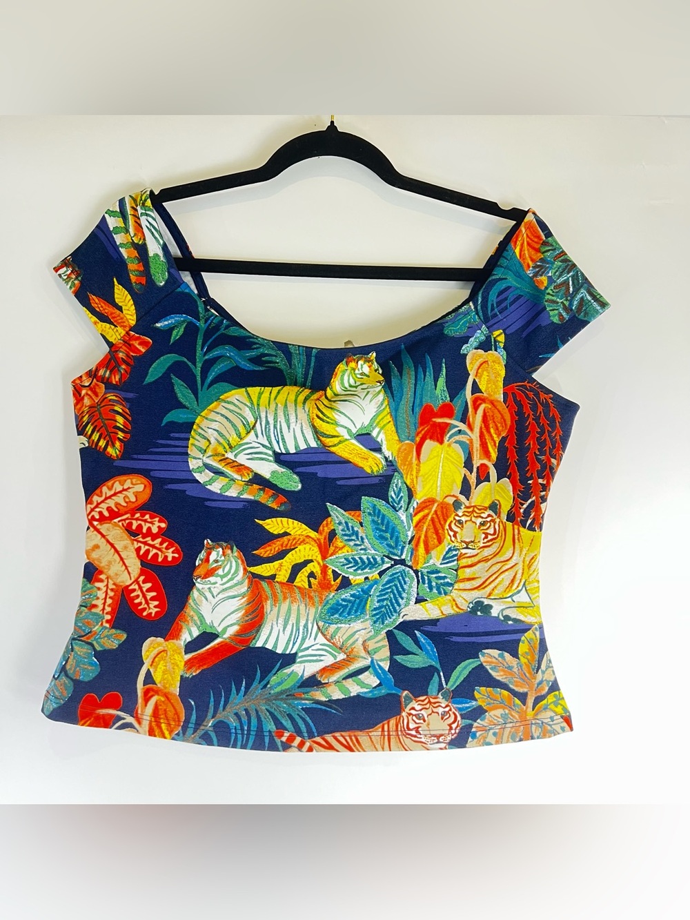 Maeve Navy Tropical Tiger Print Crop Top Size Large Maximalist Colorful Boho